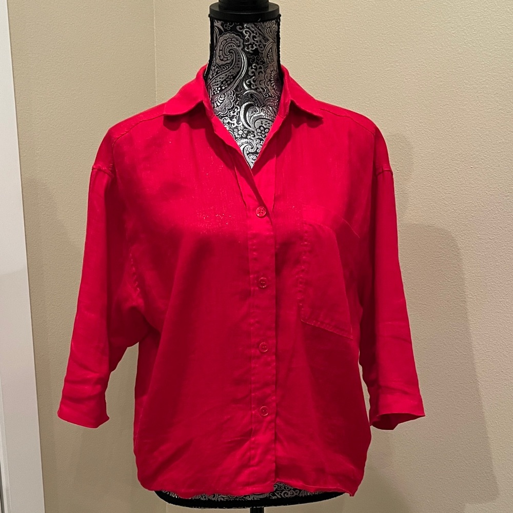 Magaschoni Vibrant Red Women's Linen Cropped Dolman Sleeve Shirt Size Small
